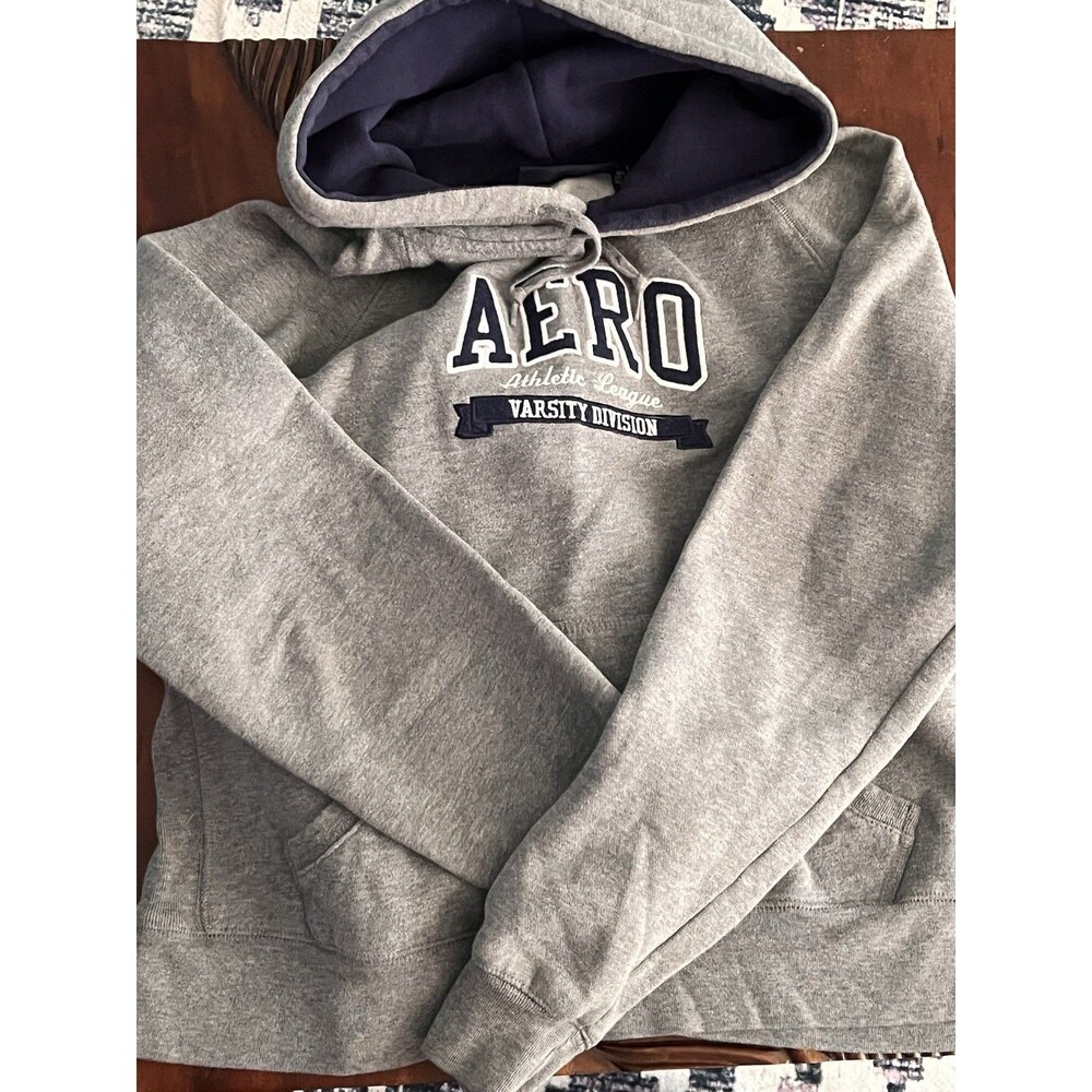 Y2K Aeropostale Gray Navy Embroidered Pullover Hoodie Varsity Athletic League L